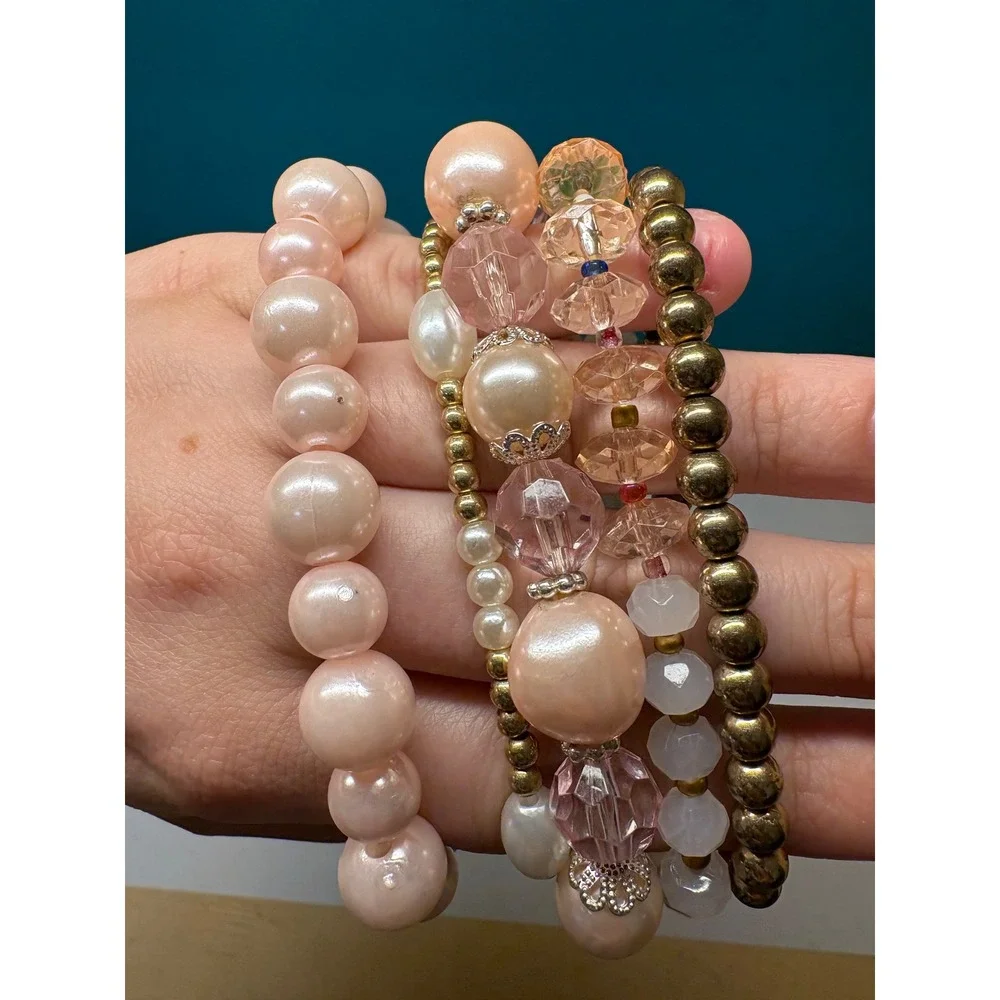 Pink Faux Pearl and Crystal Beaded Stretch Bracelet Set Gold Tone Heart 5 Piece